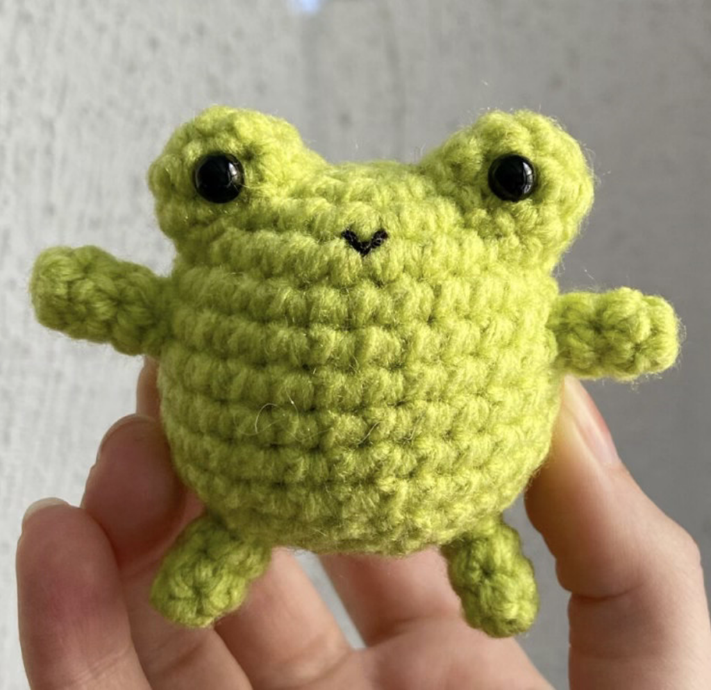 Woman holding a green crochet frog